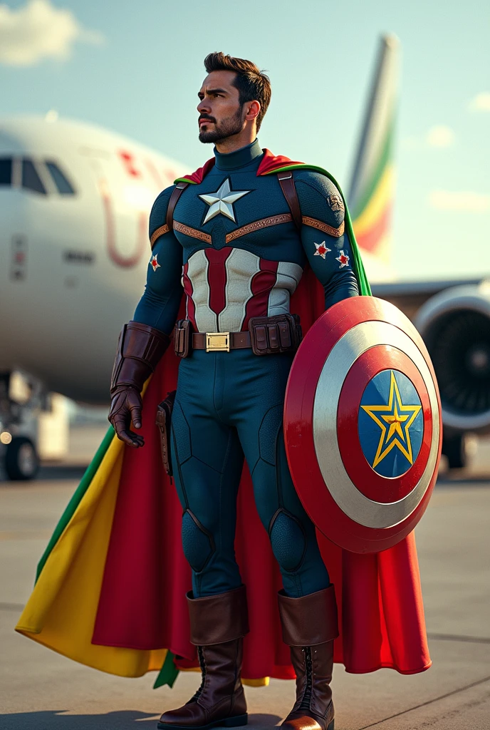 Capitain America wearing Ethiopian flag suit and his sheild also ethiopia  flag and at his back ethiopian airlines plane on the ground