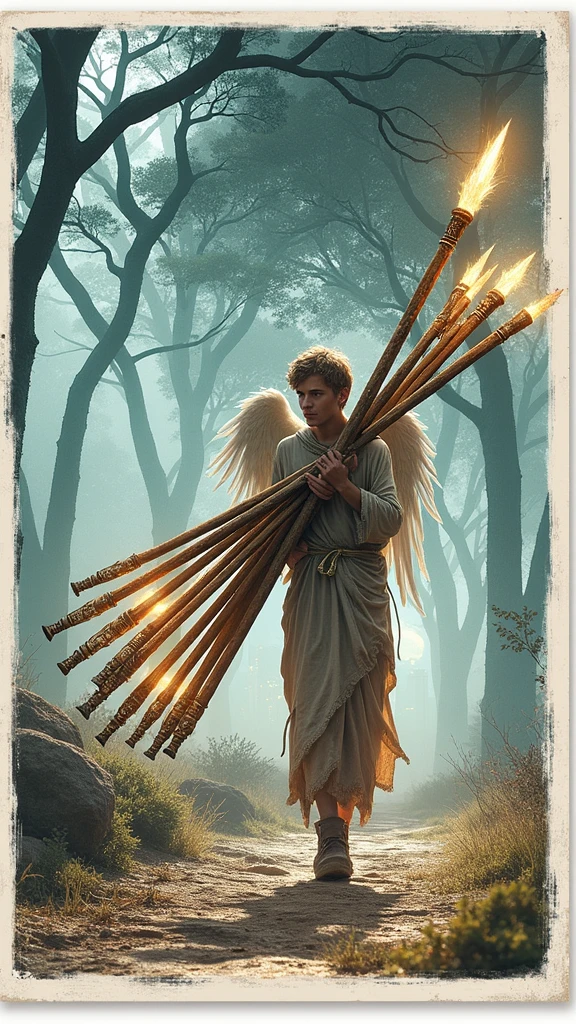 Design a hyper-realistic and intense image for the Ten of Staffs in the Lumen Angelis Tarot deck. The scene features an angelic figure, heavily burdened yet determined, carrying ten glowing staffs of light on their back. The staffs, each radiating with a soft golden glow, are stacked in a crisscross pattern, symbolizing the weight of responsibilities and challenges they bear. These staffs are luminous, with intricate engravings and celestial symbols glowing faintly on their surfaces, adding a sense of sacred duty to the burden.

The angel, dressed in tattered but still radiant robes, walks through a dense, mystical forest. The trees are towering, their branches intertwining above, creating a canopy that casts deep shadows over the scene. Despite the darkness, the staffs’ light cuts through, creating a path forward, symbolizing perseverance even when the journey is difficult. The angel's wings are slightly drooped, indicating the strain, but their face shows a resolute determination, eyes focused ahead, as they press on towards a distant, glowing city in the background—a symbol of the ultimate goal or relief that lies ahead.

The atmosphere is thick with the tension of struggle, but also with a sense of hope, as the glowing staffs signify that the burden, though heavy, is not impossible to bear. The ethereal forest, with its deep greens and blues, contrasts with the golden light of the staffs, creating a striking visual impact. The angel’s journey is arduous, but there is a clear path forward, illuminated by the divine light they carry. The overall tone of the image should evoke a sense of endurance, sacrifice, and the final push towards completion, staying true to the traditional Rider-Waite symbolism while being enriched by the divine and mystical elements of the Lumen Angelis deck.