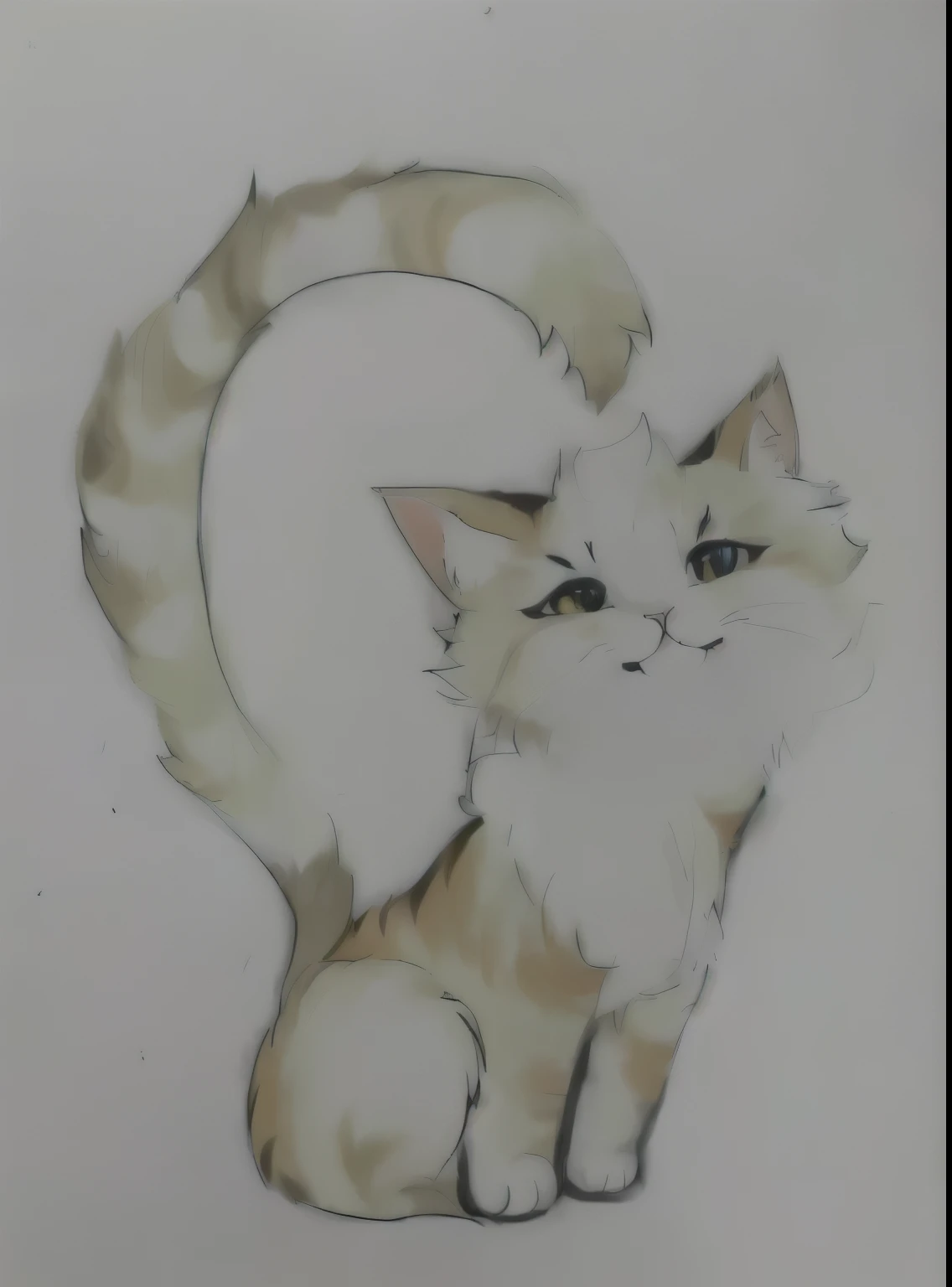 There is a drawing of a cat with a heart on it., cat drawing, cat tail, anime cat, fluffy tail, painting of a cat, illustration of a cat, anthropomorphic cat, ready anthropomorphic, ginger cat, a painting of a cat, realistic anime cat, in a painting of a cat, a fluffy cat, an anthropoid cat