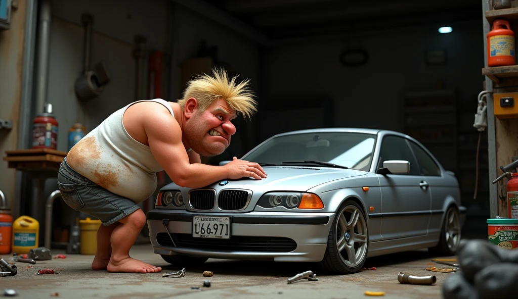 Im Stil von Pixar 3D-Animation filmen (Caricature). A hunched man with a nasty face , short blonde hair and a dirty white undershirt is tinkering with a dented silver BMW E46 Compact in a dark and dirty garage.