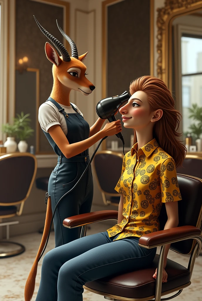 A female a gazelle barber,, is giving me a blow dry for a very young lioness wearing a Versace shirt and jeans in a very luxurious shop, realistic as in real life