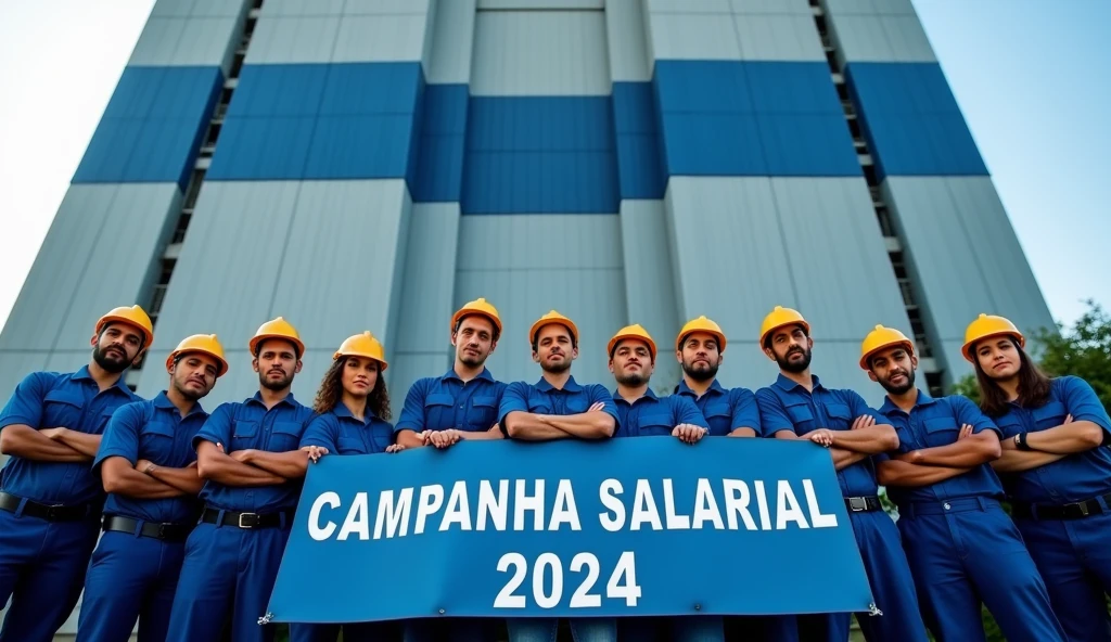 A dynamic scene of Brazilian metalworkers, men and women, standing in solidarity in front of a modern, towering factory with navy and light blue exteriors. The workers are dressed in blue uniforms, wearing safety helmets, and some have their arms crossed. They are facing the camera with resolute expressions, holding a banner that reads "Campanha Salarial 2024" in Portuguese. The scene is charged with a sense of unity and determination as they demand more rights.
