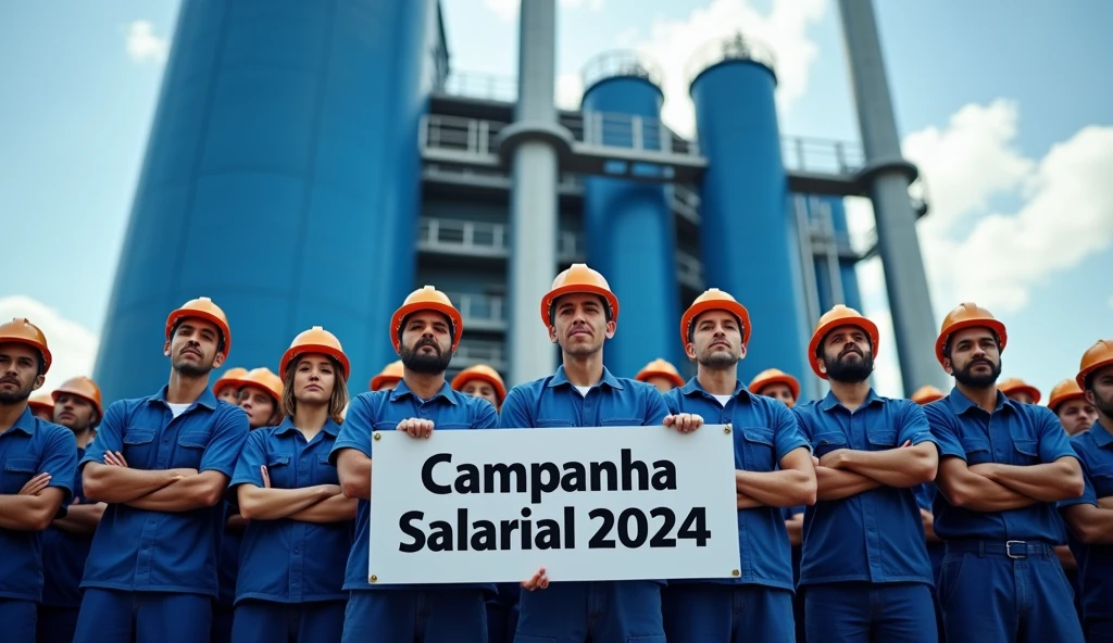 A dynamic scene of Brazilian metalworkers, men and women, standing in solidarity in front of a modern, towering factory with navy and light blue exteriors. The workers are dressed in blue uniforms, wearing safety helmets, and some have their arms crossed. They are facing the camera with resolute expressions, holding a banner that reads "Campanha Salarial 2024" in Portuguese. The scene is charged with a sense of unity and determination as they demand more rights.