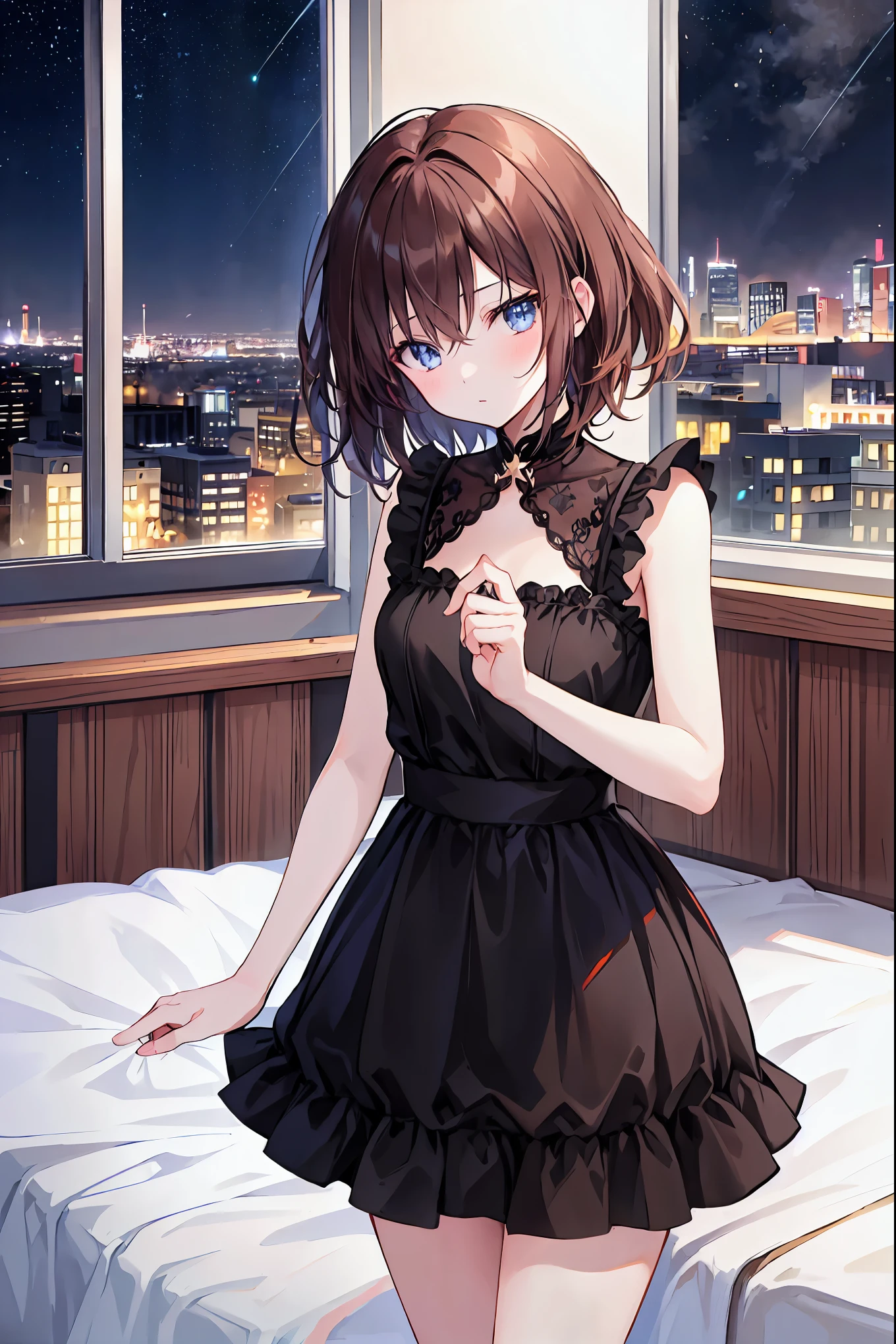 male and women in their 20s、kiss、woman（Brown medium long hair）Open your eyes in surprise、male（Black short hair、womanの頬に片手を置く）close your eyes、background（room，Big window with city night view），フレンチ・kiss，Brown Hair，Shortcuts，Messy Hair，Slender beauty，Small box，Beautiful legs，Large bed，Her captivating grey-blue eyes shine like stars