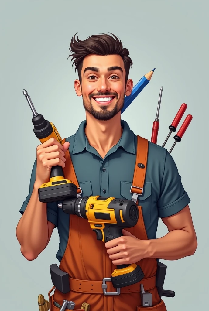 Brunette man with goatee and black hair smiling with a light gray t-shirt with a drill in one hand and in the other hand a screwdriver and a blue pencil behind his ear in a drawing