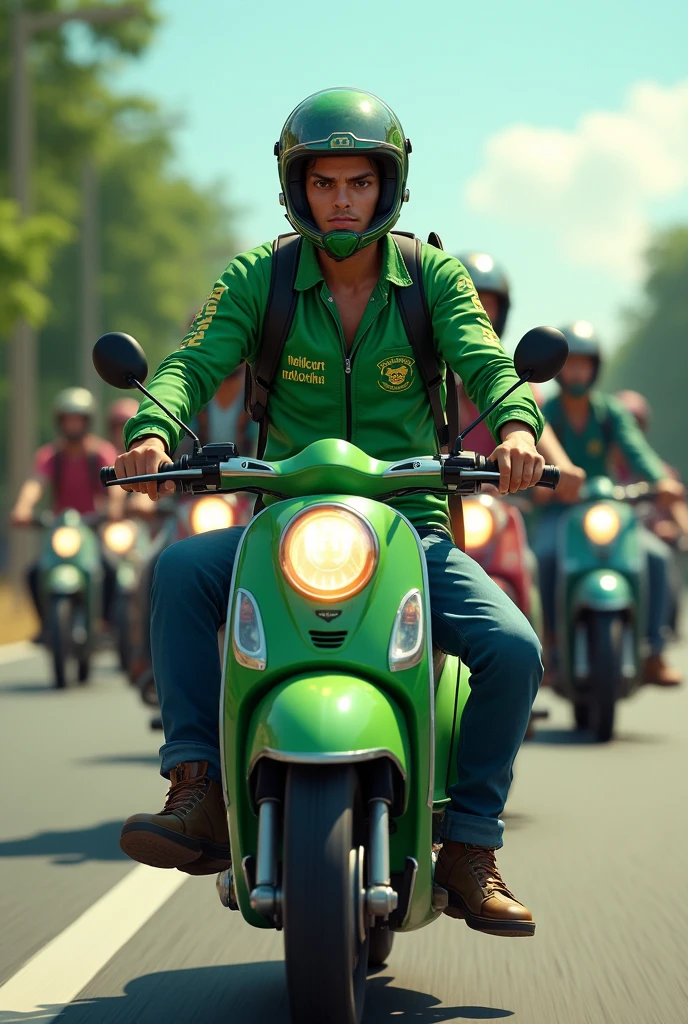 Zoro rides a step through Honda moped, Zoro brings his troops in one piece, all of them are wearing green motorbike jackets, the word MELUNCUR is written on the front of the Adidas style jacket, wearing long jeans, and wearing motorbike shoes, all his friends look excited. In fact, they also ride in large numbers to motorbike events