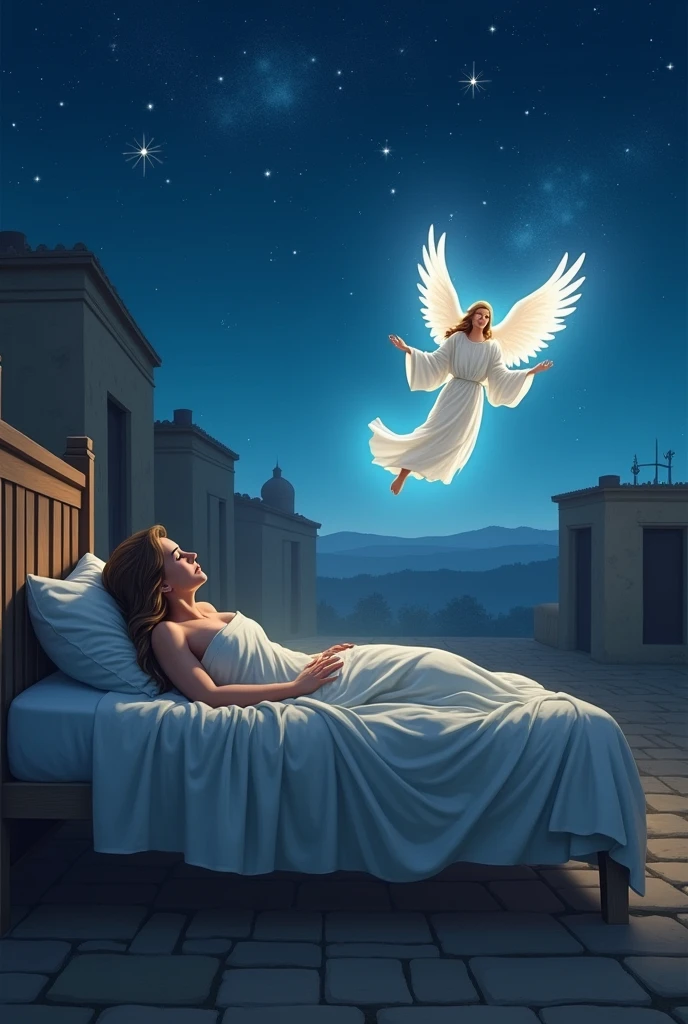 A digital artwork depicting Mary of Nazareth sleeping, receiving a visit from an angel in your dreams, with the city of Nazareth in the background, where Jesus grew up. The scene takes place in a night environment with a starry sky., illuminated by the soft light of the stars and moon. Mary is lying on a simple bed, with a serene and tranquil expression. The angel appears beside her, glowing softly with a heavenly presence, its wings radiating a soft light. Ao fundo, the landscape of Nazaré is visible, with its gentle hills and modest buildings, evoking an atmosphere of peace, spirituality and divine connection.