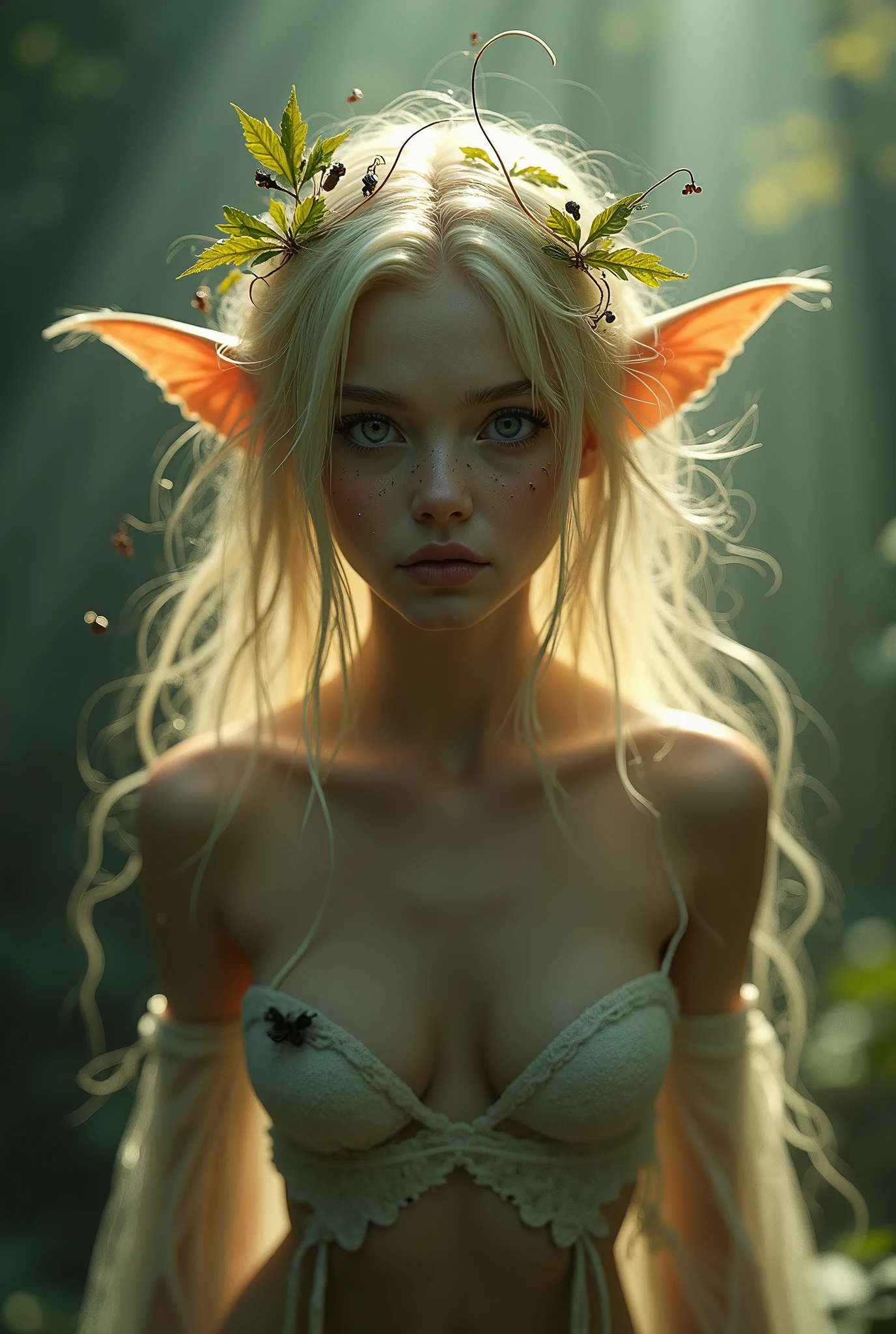(Realystic:1.4), analog photo style, depths of field, (a blond-haired adult Pixie with different eyes), (small leaves and insects got tangled in wet hair), wide waist, (her full body is a visual pleasure), view from above, dark fantasy atmosphere, deep shadows with the some sun rays, a delicate balance between reality and fantastic, faded colours, great quality, Masterpiece, most detailed blurred surreal background, naturally cinematic light, 16k quality, kodak porta 400, bokeh.