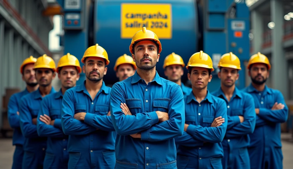An impactful image of Brazilian metalworkers in blue uniforms and safety helmets, standing resolutely in front of a modern, industrial factory with large navy and light blue structures. The workers, both men and women, are united, some with arms crossed, others holding a prominent banner that reads "Campanha Salarial 2024" in Portuguese. They face the camera with determined expressions, symbolizing their struggle for rights.