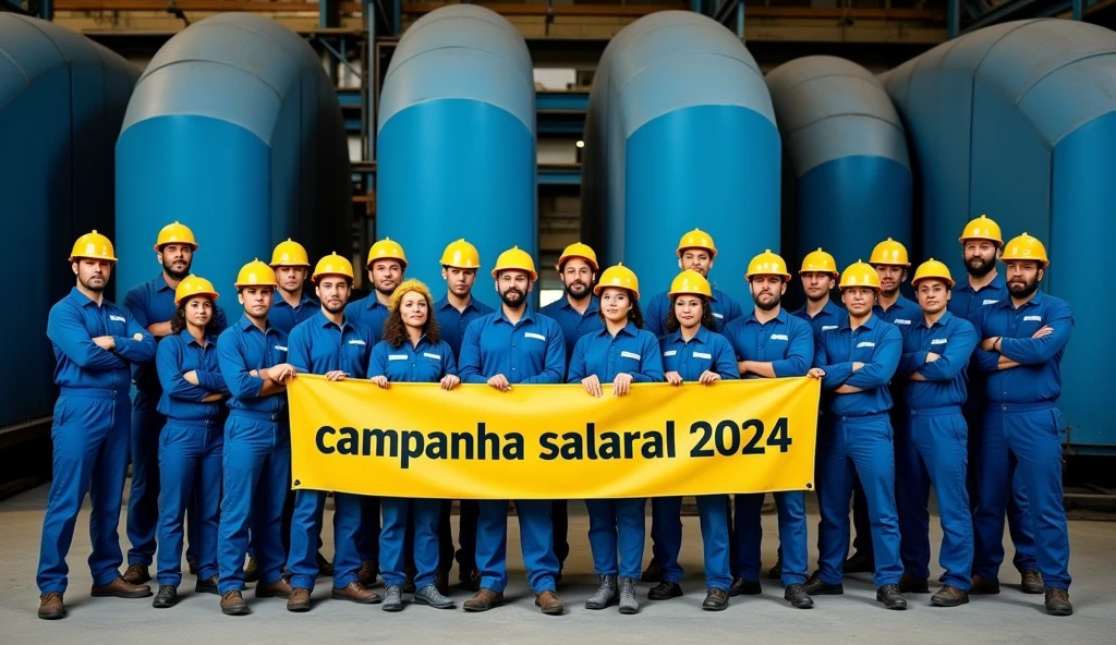 An impactful image of Brazilian metalworkers in blue uniforms and safety helmets, standing resolutely in front of a modern, industrial factory with large navy and light blue structures. The workers, both men and women, are united, some with arms crossed, others holding a prominent banner that reads "Campanha Salarial 2024" in Portuguese. They face the camera with determined expressions, symbolizing their struggle for rights.