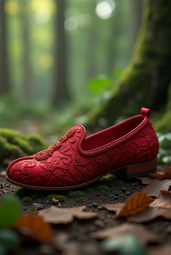 single red fancy slippers showing its back sole, lying on a forest background
