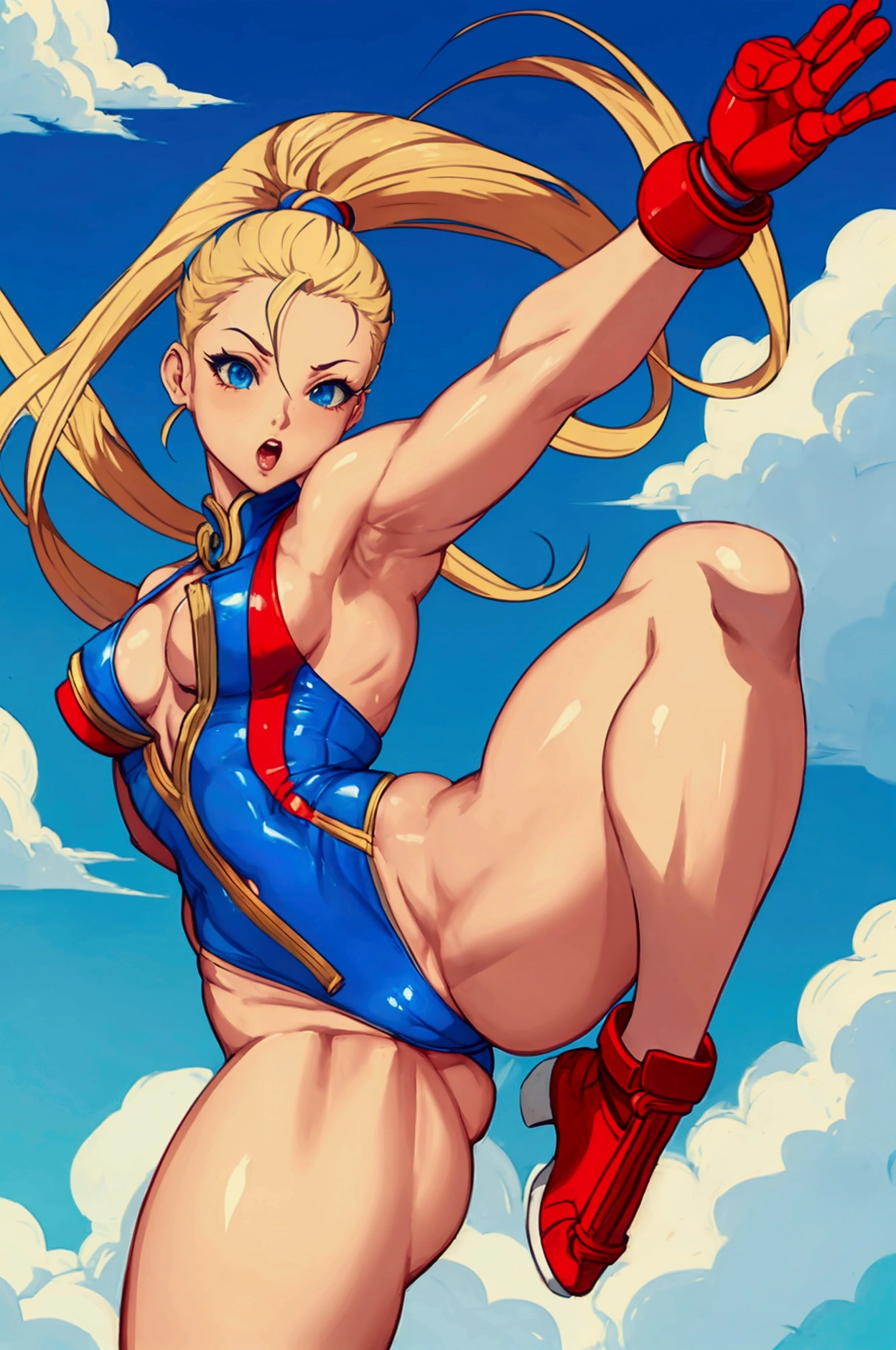 Street Fighter character Cammy in tight clothing performing a kick in the air with a sexy pose