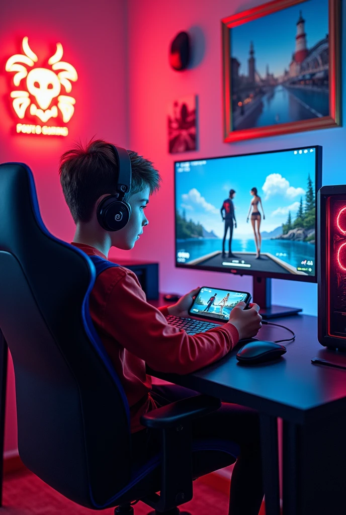 Make a wallpaper of a 1 boy holding a smartphone horizontally, playing Pubg game and earphone connected , sitting on a gaming chair in front of his Gaming Computer and RGB CPU. Pubg pochinki are shown in his computer. There are a logo frame hanging on the wall in which "TOXIC" named gaming logo are present. Ensure that name should clearly visible and logo give gaming vibes. A hot girl are standing near him who wear only bra .