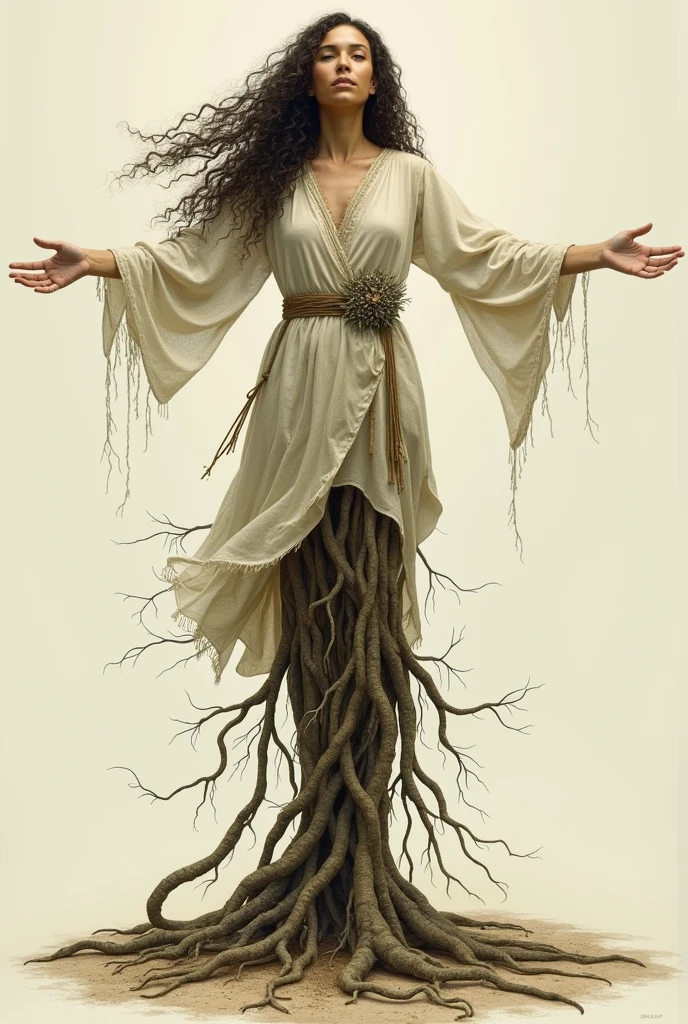 Woman with feet with roots, arms open, curly hair and modest clothing