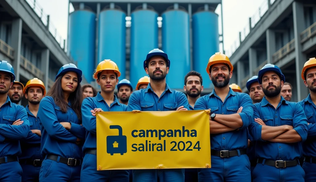 A striking depiction of Brazilian metalworkers, men and women, standing strong in front of a modern factory with large navy and light blue buildings. Dressed in blue uniforms and safety helmets, they face the camera with unwavering determination. Some workers have their arms crossed, while others hold a banner with the phrase "Campanha Salarial 2024" in Portuguese. The scene captures the spirit of unity and struggle for workers' rights.