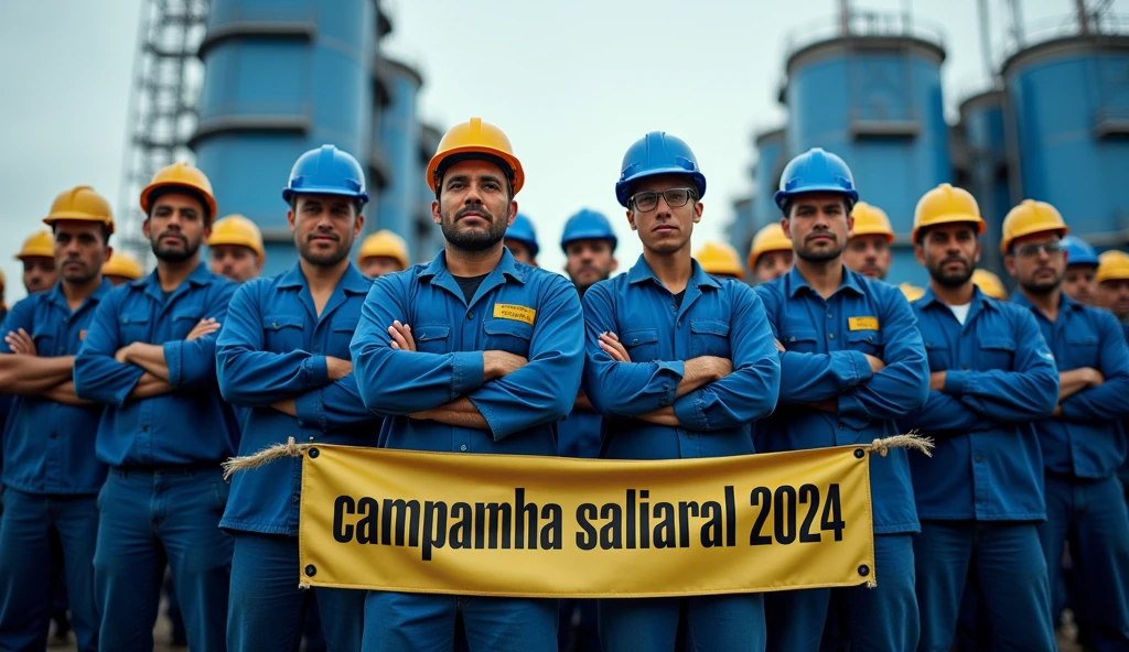 A striking depiction of Brazilian metalworkers, men and women, standing strong in front of a modern factory with large navy and light blue buildings. Dressed in blue uniforms and safety helmets, they face the camera with unwavering determination. Some workers have their arms crossed, while others hold a banner with the phrase "Campanha Salarial 2024" in Portuguese. The scene captures the spirit of unity and struggle for workers' rights.