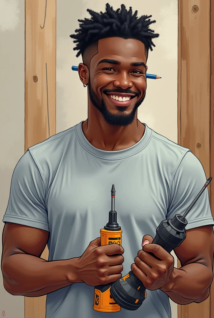 Black man with goatee and black hair smiling in a light gray t-shirt with a drill in one hand and in the other hand a screwdriver and a blue pencil behind his ear in a drawing