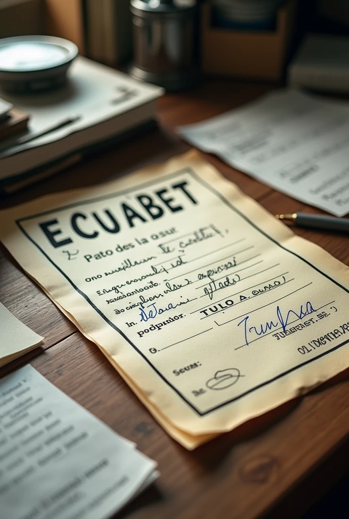 Hello, I would like to generate a certificate in which you have my personal information, which is my name Stalin Tomala G, ID number 09 21 44 9***
And that it certifies that I work for the company called ecuabet I would like the background to be a messy desk That everything is written in Spanish As realistic as possible the image And that the word ECUABET and STALIN TOMALA G be seen as large as possible No photo please and that it looks as simple and poor as possible