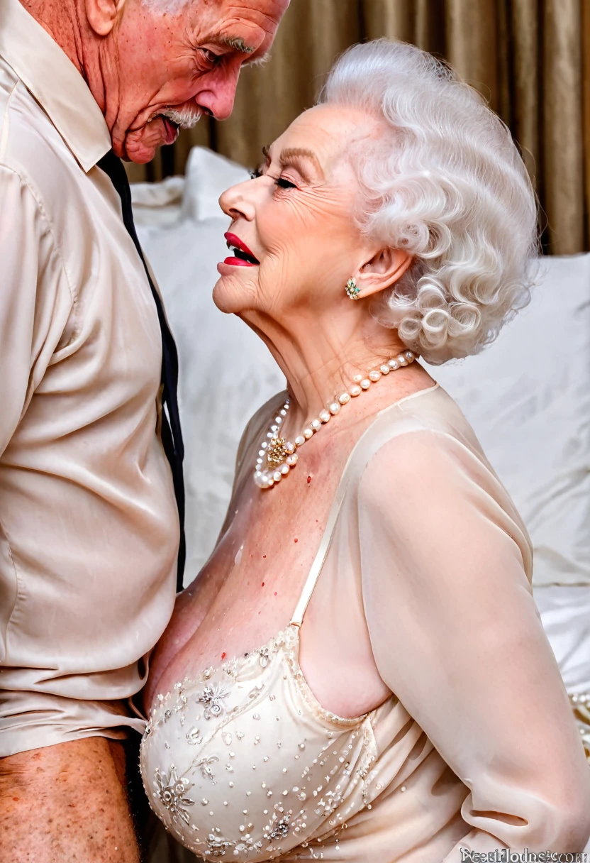 (Penis:1.4), (gorgeous queen elizabeth 80yo) kissing a (man:1.5), (huge breast:1.4),(covered in cum on breast:1.4), Passionate, kneeling on a bed, making love, (nsfw:1.4), (((chiffon beige shirt))), lipsticks, Pearl Necklace