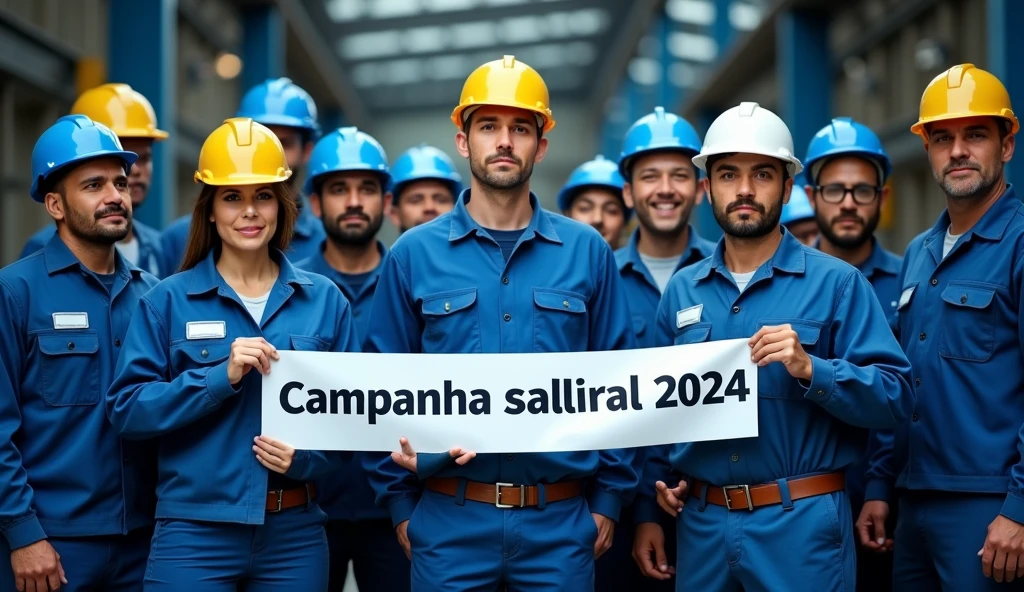 An evocative scene of Brazilian metalworkers, both men and women, standing united before a modern factory with navy and light blue structures. Clad in blue uniforms and safety helmets, they face the camera with firm expressions of resolve. A prominent banner reading "Campanha Salarial 2024" in Portuguese is held in the middle of the group, emphasizing their demand for more rights. The factory in the background adds a sense of industrial might to the scene.