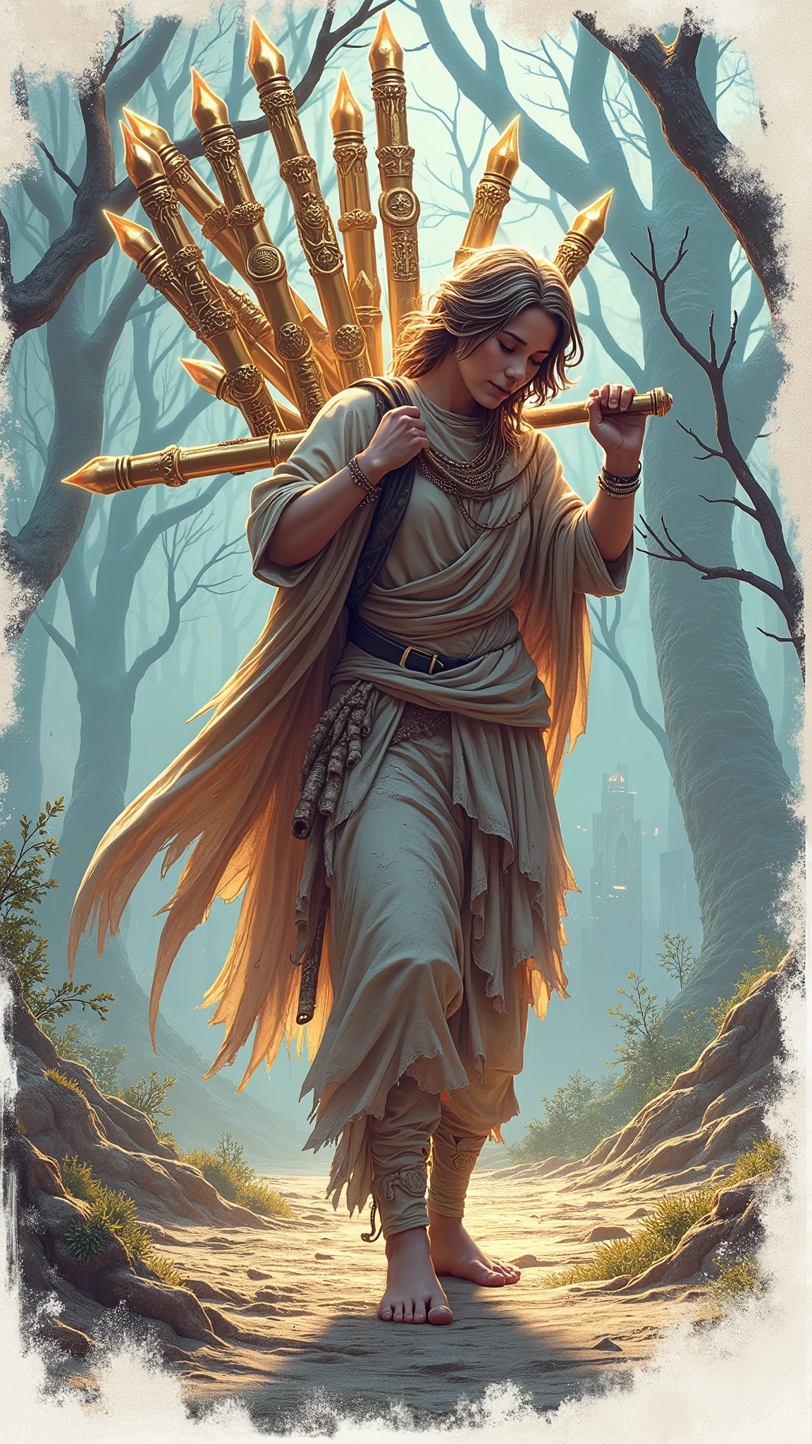 Design a hyper-realistic and intense image for the Ten of Staffs in the Lumen Angelis Tarot deck. The scene features an angelic figure, heavily burdened yet determined, carrying ten glowing staffs of light on their back. The staffs, each radiating with a soft golden glow, are stacked in a crisscross pattern, symbolizing the weight of responsibilities and challenges they bear. These staffs are luminous, with intricate engravings and celestial symbols glowing faintly on their surfaces, adding a sense of sacred duty to the burden.

The angel, dressed in tattered but still radiant robes, walks through a dense, mystical forest. The trees are towering, their branches intertwining above, creating a canopy that casts deep shadows over the scene. Despite the darkness, the staffs’ light cuts through, creating a path forward, symbolizing perseverance even when the journey is difficult. The angel's wings are slightly drooped, indicating the strain, but their face shows a resolute determination, eyes focused ahead, as they press on towards a distant, glowing city in the background—a symbol of the ultimate goal or relief that lies ahead.

The atmosphere is thick with the tension of struggle, but also with a sense of hope, as the glowing staffs signify that the burden, though heavy, is not impossible to bear. The ethereal forest, with its deep greens and blues, contrasts with the golden light of the staffs, creating a striking visual impact. The angel’s journey is arduous, but there is a clear path forward, illuminated by the divine light they carry. The overall tone of the image should evoke a sense of endurance, sacrifice, and the final push towards completion, staying true to the traditional Rider-Waite symbolism while being enriched by the divine and mystical elements of the Lumen Angelis deck.