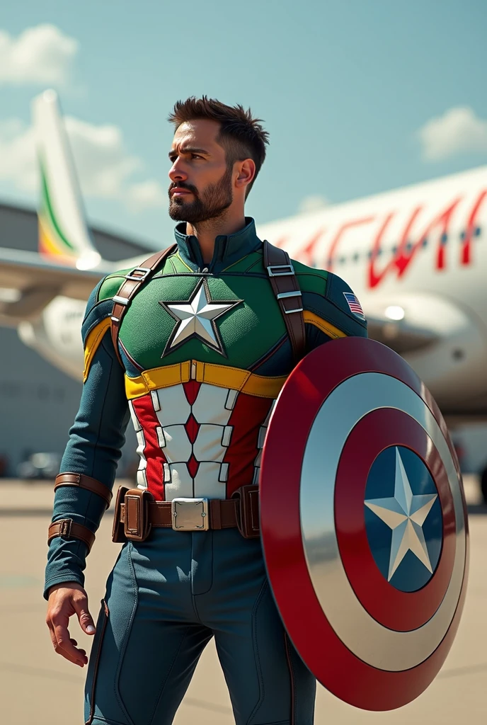 Capitain America wearing Ethiopian flag suit and his sheild also ethiopia flag and at his back ethiopian airlines plane on the ground