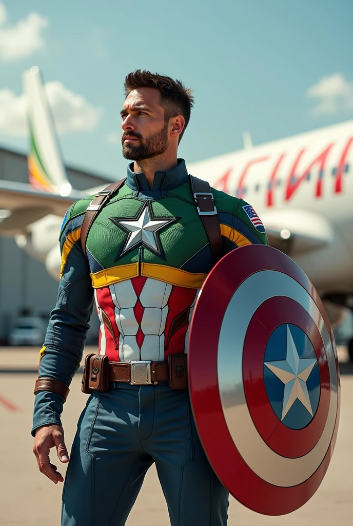 Capitain America wearing Ethiopian flag suit and his sheild also ethiopia  flag and at his back ethiopian airlines plane on the ground