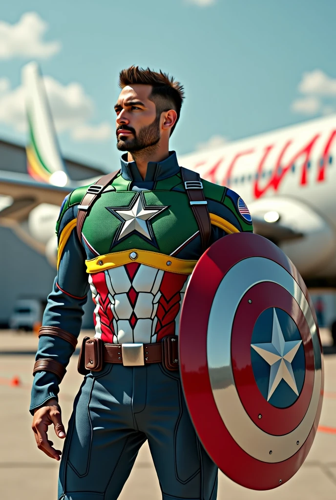 Capitain America wearing Ethiopian flag suit and his sheild also ethiopia  flag and at his back ethiopian airlines plane on the ground