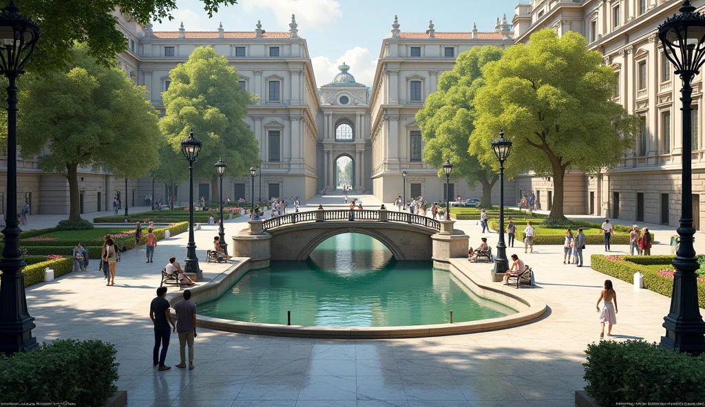 Create an empty square with plenty of landscaping and a pond with a bridge. make this square more like city squares