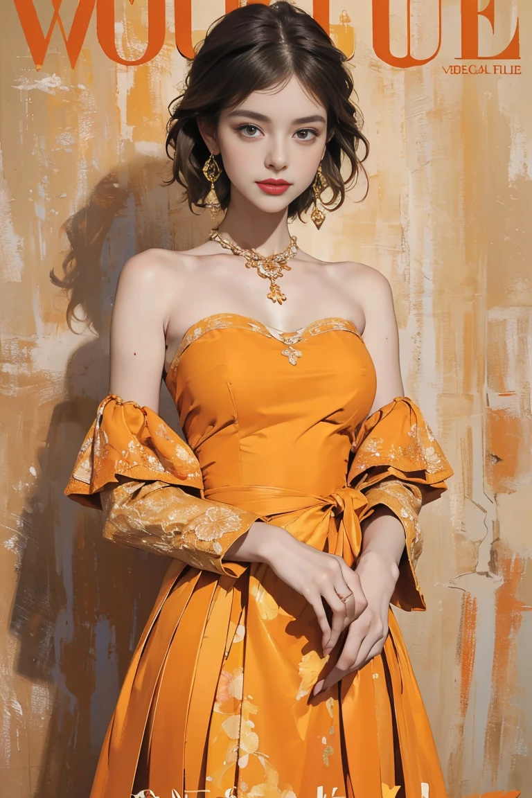 (masterpiece:1.2, best quality), (Vogue magazine cover), Mediterranean-inspired elegance, warm sunset tones, soft yet vibrant fabrics, understated yet radiant sophistication, (she’s wearing a Sunset Elegance outfit - a long, flowing dress in earthy orange or golden yellow, with a gentle V-neckline, lightly puffed sleeves, and a cinched waist, adorned with delicate pleats or lace details that add a touch of regal charm), (hair loosely styled, complementing the warm, inviting vibe), (standing with a confident, warm expression), (background with sunset hues and subtle Mediterranean elements, enhancing the dress's theme).
