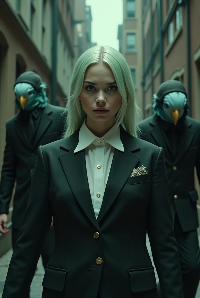 Billie Eilish next to a humanoid cockatiel in a suit, fighting off thieves