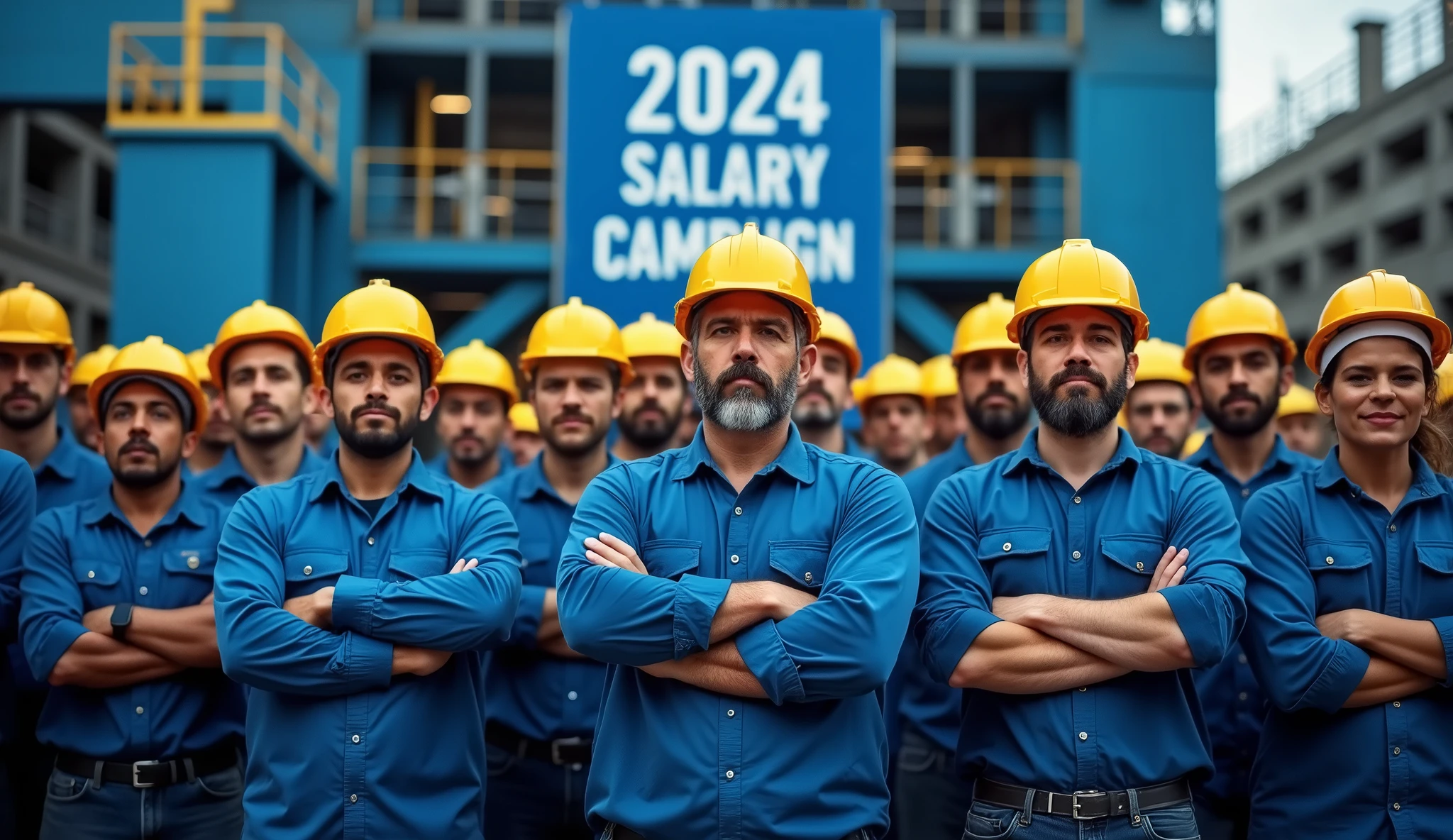 A demonstration of metalworkers in front of a modern factory, with large navy blue, and light blue, demanding more rights. The workers are united, mens and women, some with crossed arms, and the scene is filled with an atmosphere of determination and struggle. Banners phrase on the middle: "2024 Salary Campaign" in Portuguese, workers in blue uniforms, yellow safety helmets, facing the camera, with the factory in the background, brazilian people.