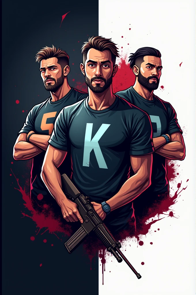 Gamer logo of three people with weapons and initials on their shirts (s)the other one (k) y the other one (D) that the background is horror that one is dark the other white and the other with long hair that they are men with the initials on the shirt one with the (s) the other with the (k) and the long-haired one with the(D) a little bit animated that the person who has the letter k is black and the other two all have light skin