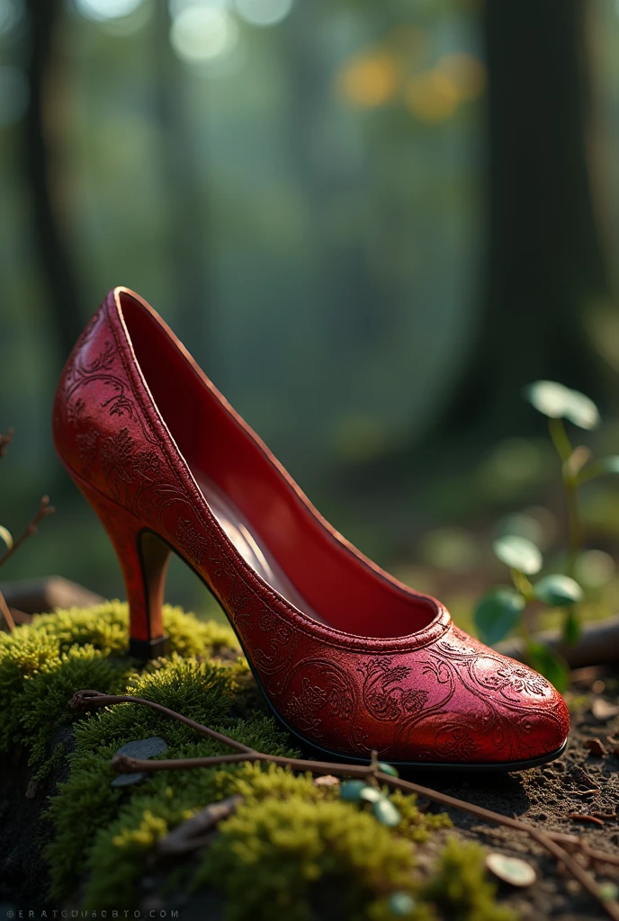 single red fancy slippers showing its backside sole, lying on a forest background