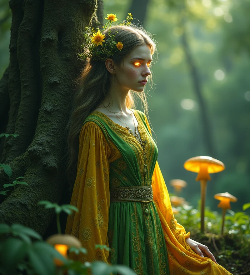 (Ethereal Forest Spirit:1.3), (glowing eyes:1.4), (vibrant green and gold hues:1.3), (delicate vines and flowers woven into hair:1.3), (ancient, towering trees:1.4), (soft, dappled sunlight:1.3), (misty, enchanted atmosphere:1.4), (intricate leaf patterns on clothing:1.3), (luminescent mushrooms:1.3), (whispering wind:1.2), (serene and wise expression:1.3), (magical aura surrounding figure:1.4), (subtle glowing runes on skin:1.3), (realistic texture of bark and leaves:1.3), (soft shadows and natural light:1.3), (harmonious blend of nature and spirit:1.4), (whispering spirits of the forest:1.3)