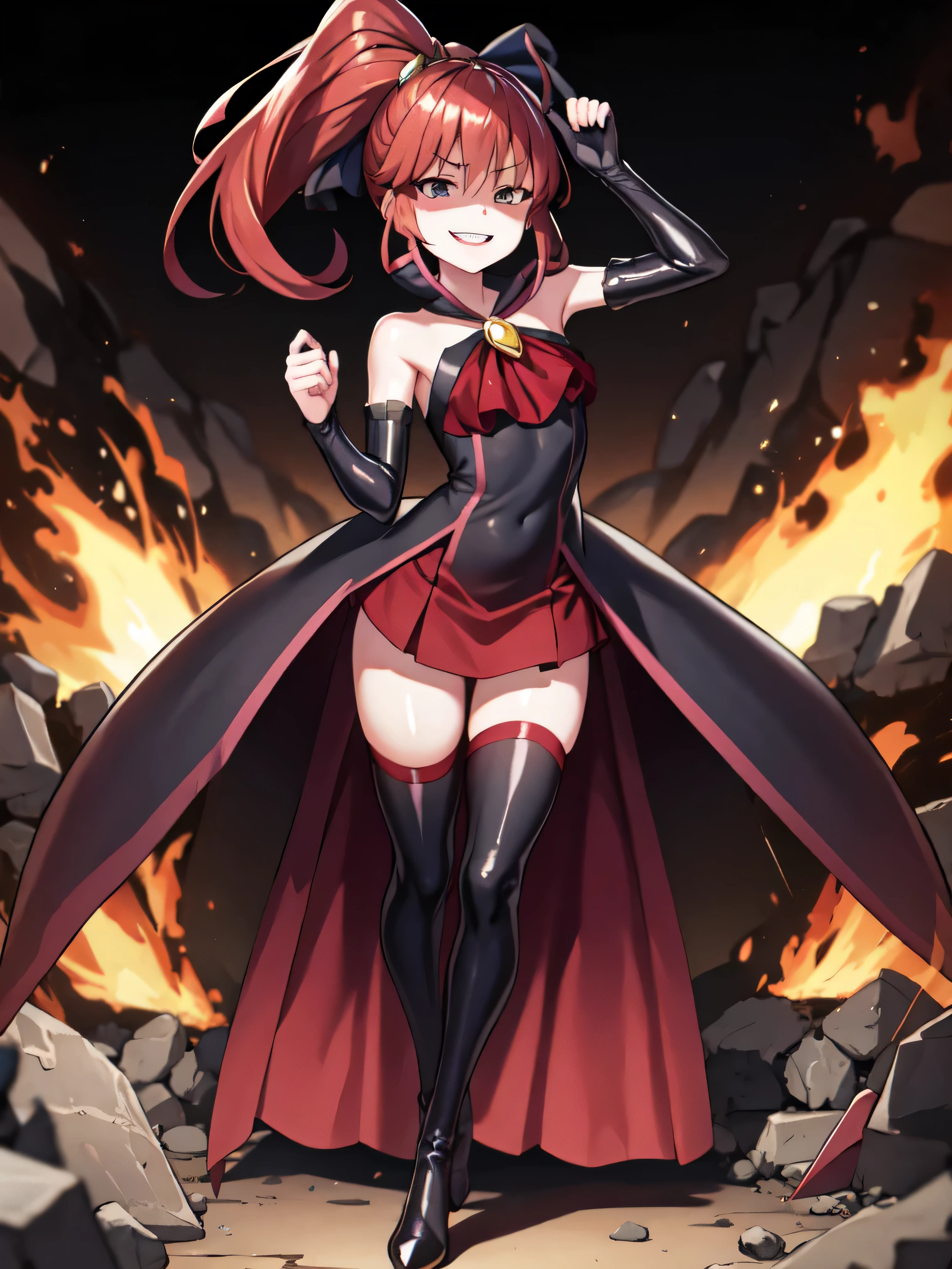 Highest quality, masterpiece, One Girl,Not beautiful, Red Ponytail, Long dress, brooch, Hair Ribbon, Black knee socks, Standing on the rubble, , ,,Dark shadow face,Sadistic laugh,,Malice,Contempt,smile,latex,Bad face,,Red Skirt,both hands,Two legs,Five Fingers,Evil background,Elbow fullgloves,shiny latex,evil laugh, Debish Aura (Shiny fabric:1.5),Dark world background,solo,Burning cityscape,looking dwon at viewer