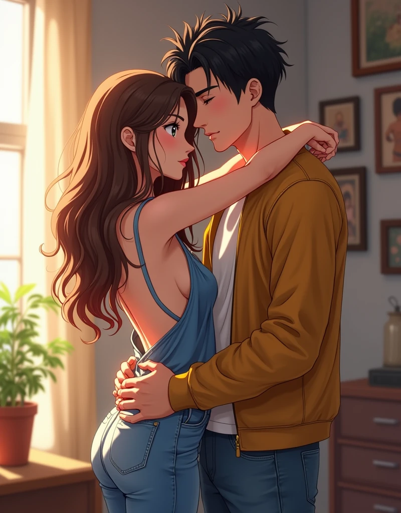 Create a anime style landscape image. Digital illustration featuring a young couple in a close embrace. The woman has long, wavy brown hair and fair skin, wearing a backless denim top and jeans. She has delicate facial features with large eyes and a soft expression. The man has tousled dark hair and fair skin, wearing a mustard yellow jacket over a white shirt and jeans. He has sharp facial features and a serious expression. They are standing in a room with a window on the left, allowing natural light to illuminate the scene. The background includes various framed pictures and a potted plant on a table, adding to the cozy and intimate atmosphere.