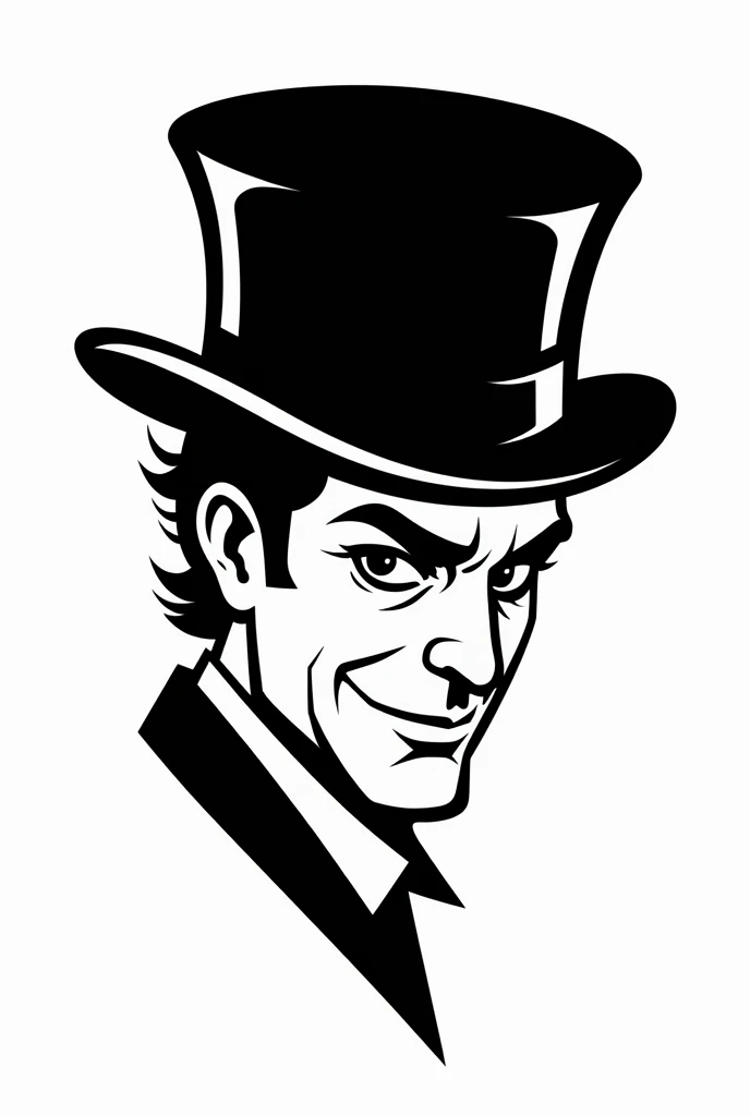 Logo type of a man with a top hat  (black andwhite) with the man looking diagonally.
Try taking off your shirt, showing only the face inspired by the character dick con artist