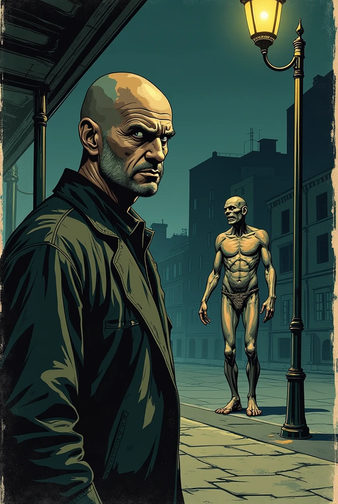 Create a vintage poster style art, for the horror story, The Man at the Bus Stop, by the author Thiago Lopes, which tells the story of a bald and bitter bar owner who meets a  old man at night and discovers that this man is waiting for the bus that will take him to hell.

Add the title of the story to the artwork
