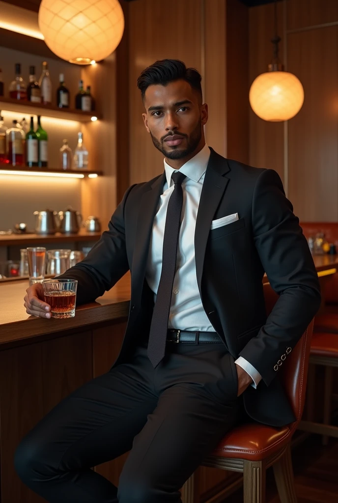 Create a sophisticated fashion scene featuring a male model with African descent, but with the features of David Gandy. The model, an athletic figure with a striking, masculine physique and a captivating presence, is dressed in a refined, elegant outfit suitable for a luxury bar setting. The outfit should be a stylish, tailored blazer and trousers, complemented by a crisp dress shirt and a sleek, modern tie, reflecting a blend of sophistication and relaxed elegance.
Situation: The scene is set in a luxurious, upscale bar during the evening, rendered in a sophisticated, contemporary style. The bar features plush seating, polished wooden surfaces, and ambient lighting that creates a warm, inviting atmosphere. The model is seated at a high-top bar table, with a glass of fine whiskey or a classic cocktail in hand, casually leaning back and engaging in a relaxed, yet confident manner. The background includes elegant bar fixtures, such as a gleaming bar counter, high-end liquor bottles, and soft, ambient lighting that highlights the model’s outfit and creates a stylish, refined mood.
The model's pose is casual and relaxed, capturing a sense of ease and confidence while maintaining an air of elegance. His gaze is directed towards the camera with a charismatic, approachable expression, embodying a sophisticated, yet laid-back demeanor. The warm, ambient lighting and chic surroundings enhance the upscale vibe of the bar, making the scene feel both luxurious and effortlessly stylish.
Filmed on ARRI ALEXA 65, Bokeh, sharp focus on the subject, shot by Don McCullin. The atmosphere should exude a sense of refined elegance with a modern touch, where the model embodies the essence of sophisticated casual fashion—confident, relaxed, and stylish, amidst a beautiful, high-end bar setting."