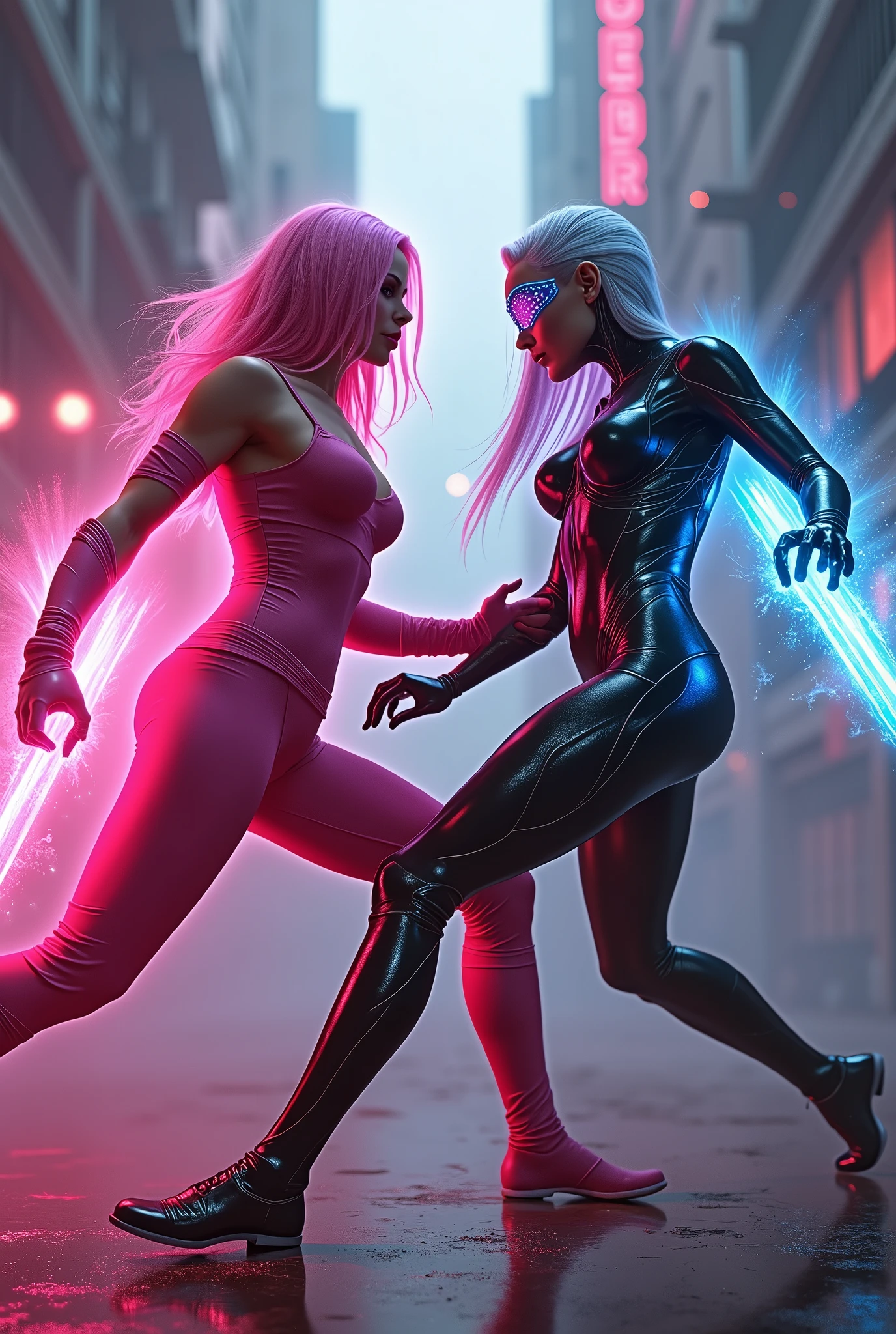2 women, 1 woman Neon Vixen * Appearance: All-pink attire, straight, shoulder legnth, pink hair, big breasts, sleek and sophisticated appearance. * Character: Confident, ambitious, and a skilled businesswoman. * Abilities: Enhanced strength and agility. Can emit neon energy blasts. 1 woman The Quantum Queen * Appearance: Iridescent hair that changes color, futuristic bodysuit, holographic mask. * Character: Mysterious, enigmatic, and incredibly powerful. * Abilities: Can manipulate quantum energy, control elements, and manipulate time. Neon vixen Knicks the quantum queen to the ground