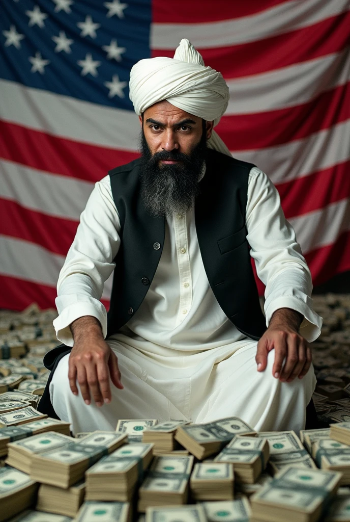 Taliban leader, big bearded, white Afghan dress, black waistcoat, big white afghan turban; kissing and worshiping to USA flag; alot of bundles of dollars around