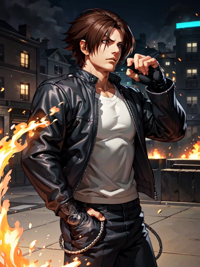 Masterpiece, highest quality, ultra realistic, intricate details, 8k, 4k, professional illustration of kyo kusanagi,, (perfect hands), serious look|expression, fire vortex