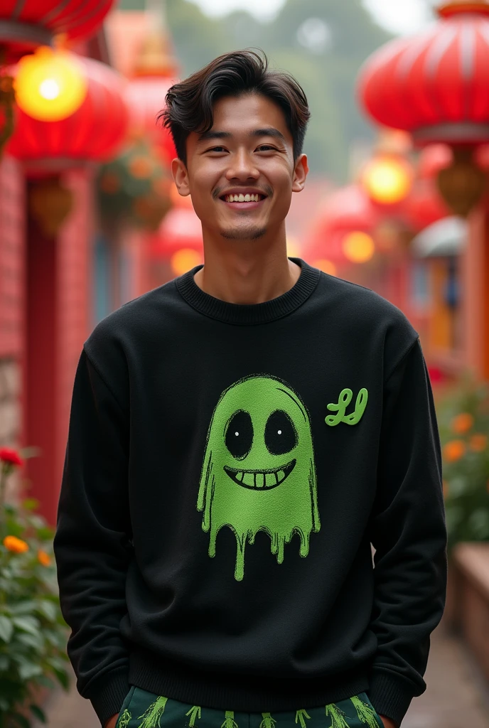 Amazing handsome man thai,30yo, smile sweetly,wearing a sweater bright black Ghoul motif,with bearing the green teks"LD"logo text, wearing green sports shoes, bright red lime, light red,Disney princess ghost park as background