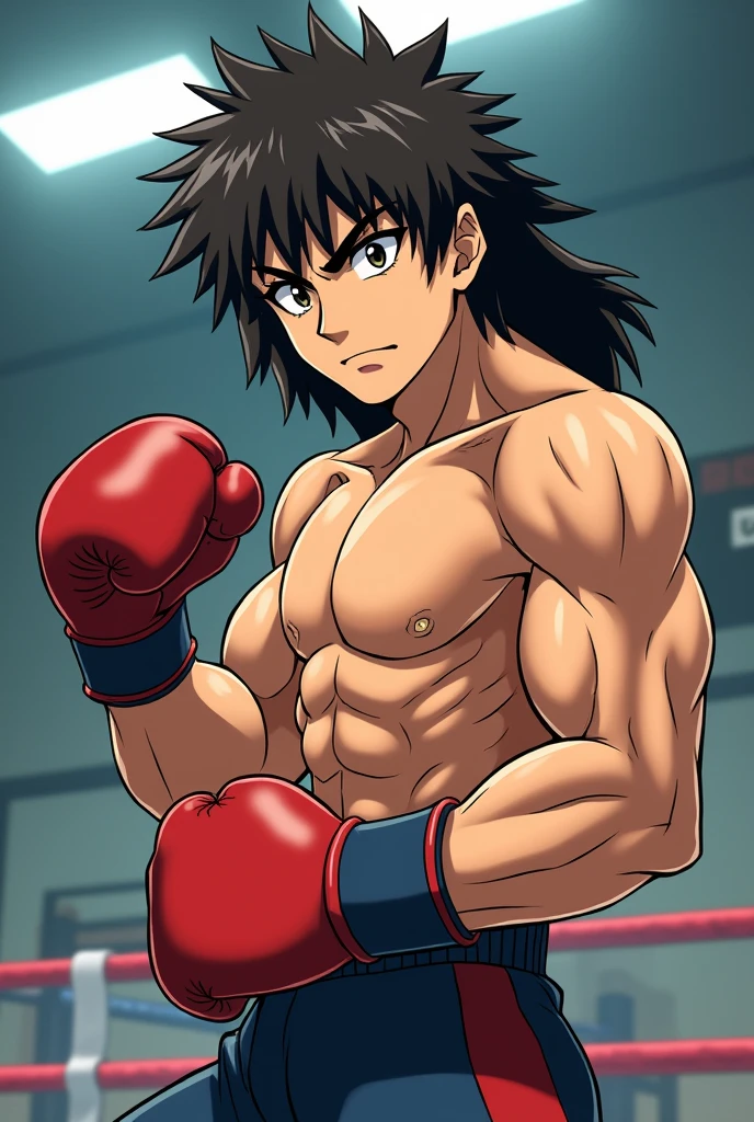 A character just as similar to Ippo Makanauchi but with longer hair and that comes out with Ippo&#39;s fighting stance  ,  but it should be in the anime style of Hajime no Ippo , lots of muscles and a wounded eye