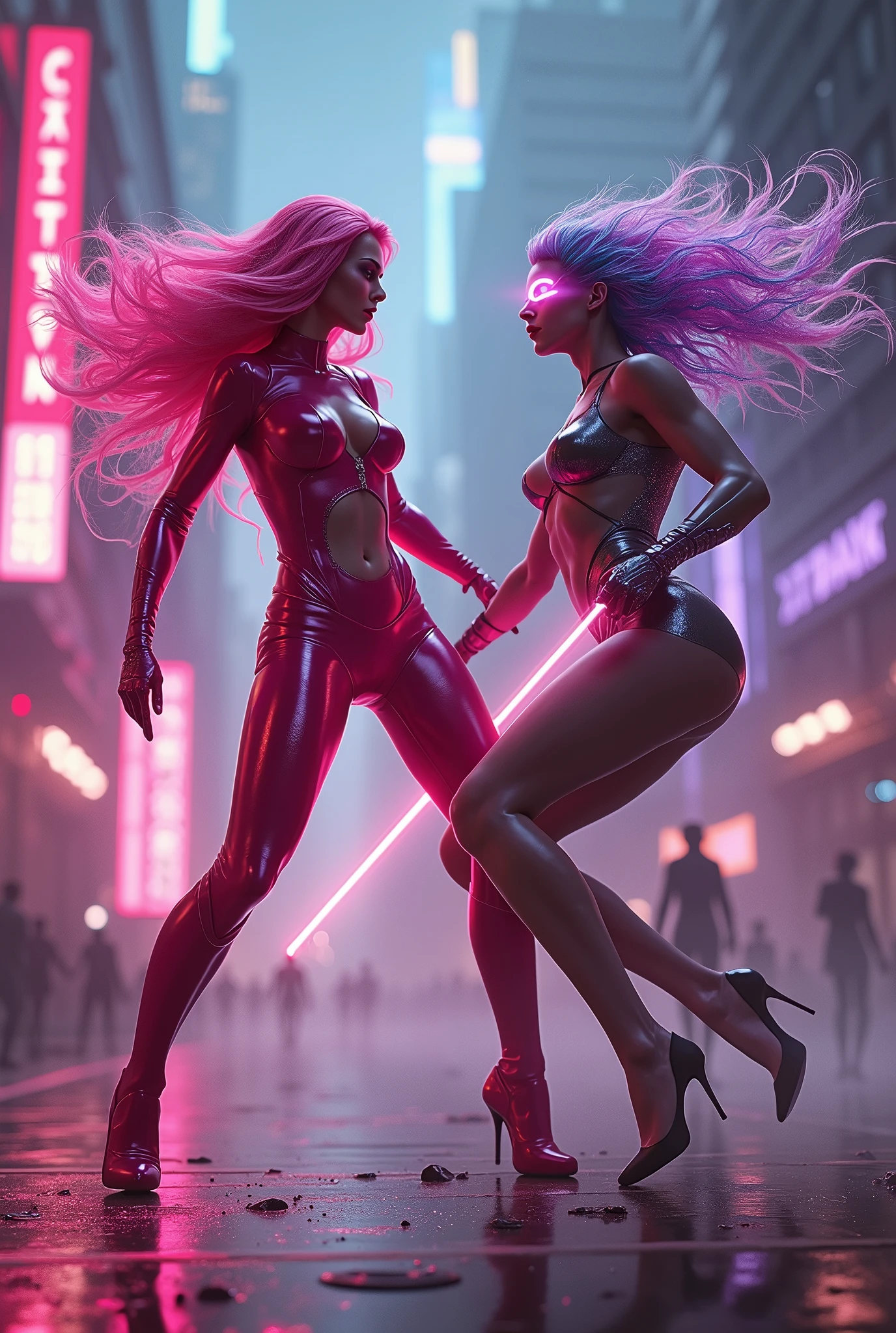 2 women, 1 woman Neon Vixen * Appearance: All-pink attire, straight, shoulder legnth, pink hair, big breasts, sleek and sophisticated appearance. * Character: Confident, ambitious, and a skilled businesswoman. * Abilities: Enhanced strength and agility. Can emit neon energy blasts. 1 woman The Quantum Queen * Appearance: Iridescent hair that changes color, futuristic bodysuit, holographic mask. * Character: Mysterious, enigmatic, and incredibly powerful. * Abilities: Can manipulate quantum energy, control elements, and manipulate time. Neon vixen Knicks the quantum queen to the ground