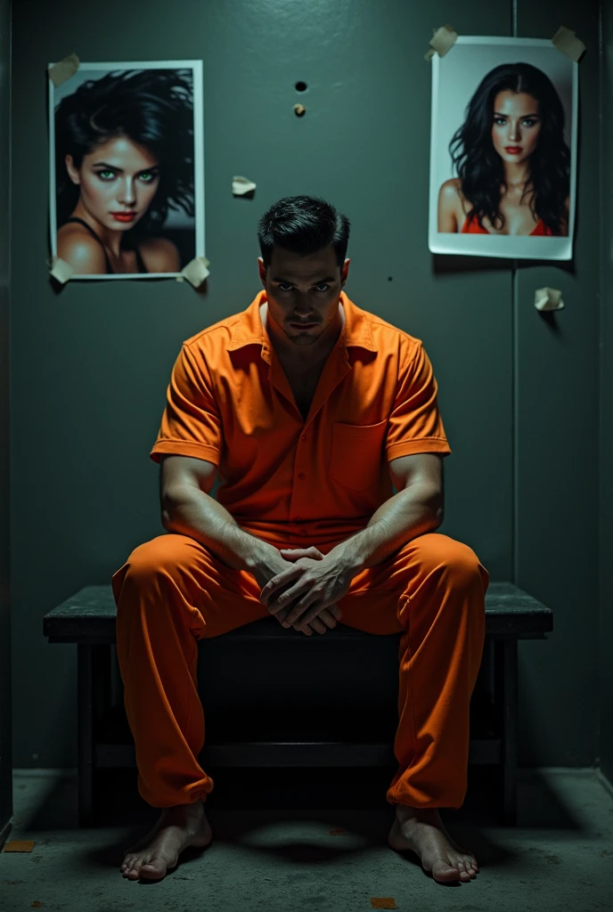 make a man too attractive, black hair and gray eyes, sitting on a small black bench inside a dark jail cell. with an orange uniform. Photos of a woman with black hair and green eyes stuck to the wall and the man denotes power and seduction. strong man and muscular hands. dark stage 