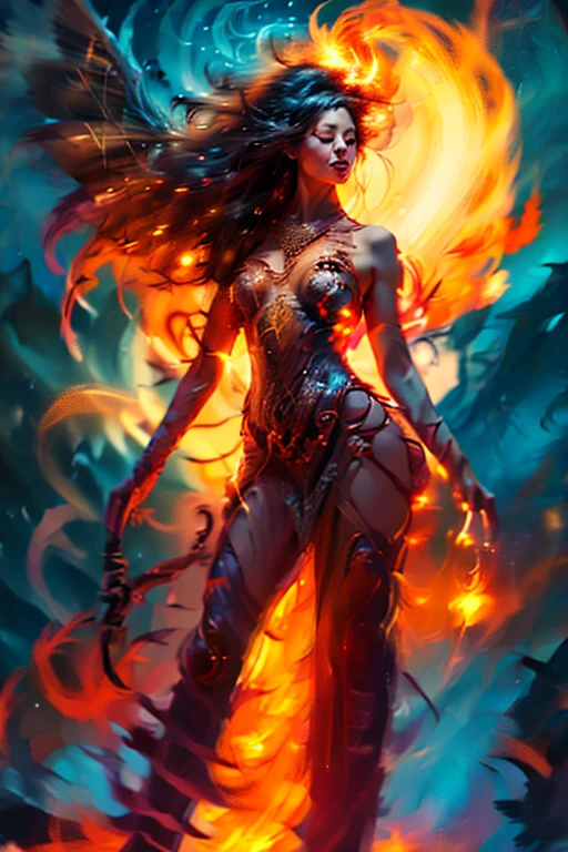 (masterpiece, 8k, UHD, photorealistic: 1.3), Female Angel of Death, woman with dark bat-like wings,, female demon beautiful woman about 3,(Shiny ebony wings: 1.4), imposing, holding a (elegant scythe: 1.2) in his grip, cold steel, reflected flames, standing on, (mound of skulls: 1.3), empty eye sockets, whispers of past souls, burning background, raging hell, dancing flames, silhouetted the figure, billowing smoke, crimson tone, intimidating presence, sinister atmosphere, dynamic angle, side view, deep shadows, intricate details on wings and neck tattoos,chest , arms,hips, English and legs , She only wore a small cloth that partially covered her pubis, revealing her abundant and long pubic hair., sus chests perfectos turgentes duros talla 160 son muy bigs con forma de barco turgentes hacia arriba, take a photo from bottom to top buena iluminación natural, Fire comes out from within through the tattoos, Full body female demon totally naked without any clothes showing the nature of her entire body her skin reflects the red and yellow of the fire inside her, sus chests y pezones parecen arder, her vy open her slit excitingly open her beautiful pubic hair - long curly reddish like her hair, Her fleshy vaginal lips peek out and her legs and her fiery red clitoris, visible perfect focused, big , beautiful perfect like your perfect goddess face, Your green eyes dazzle you with a depth that reflects the universe within them. Perfect naked, alas bigs extendidas,blue colors various shades, shiny like metallic,Their feathers like sharp swords and daggers ready to create more death and destruction. Environment full of skulls and skeletons piled up the desolate landscape burned smoking, the hellfire background, she walks. Facing the camera walking towards me, take a photo from bottom to top. 