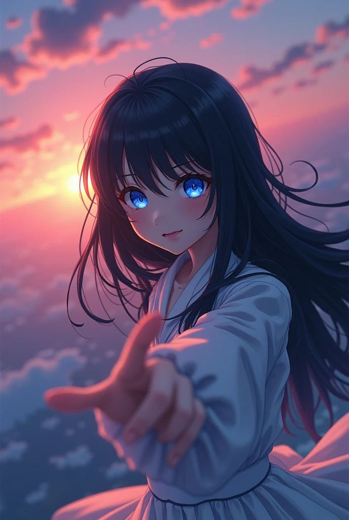 ((masterpiece)), aerial view, Sunset, ((pastel colors)), Ultra detailed, Anime girl with long black hair and blue eyes pointing at something, inspired by Alice Prin, Kage Kage Mamoru anime art style!, picture of ((mischievous)),, Alicia from Alicia in wonder land, Alicia's sister, (((evil smile)))