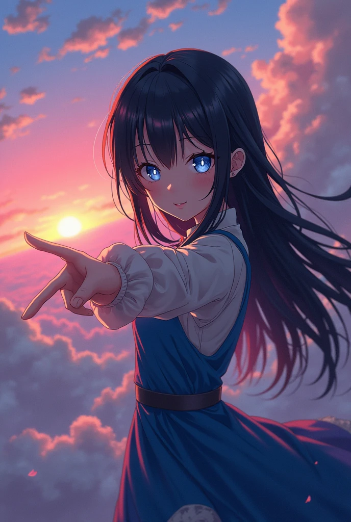 ((masterpiece)), aerial view, Sunset, ((pastel colors)), Ultra detailed, Anime girl with long black hair and blue eyes pointing at something, inspired by Alice Prin, Kage Kage Mamoru anime art style!, picture of ((mischievous)),, Alicia from Alicia in wonder land, Alicia's sister, (((evil smile)))